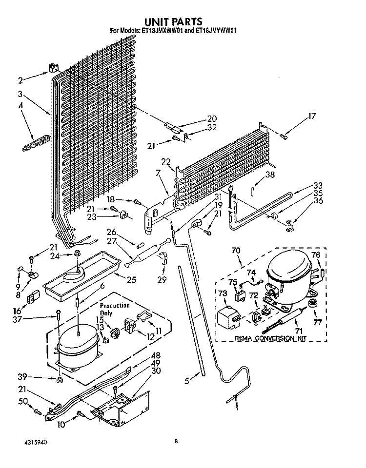 UNIT Diagram and Parts List for ET18JMYWG01  Whirlpool Refrigerator