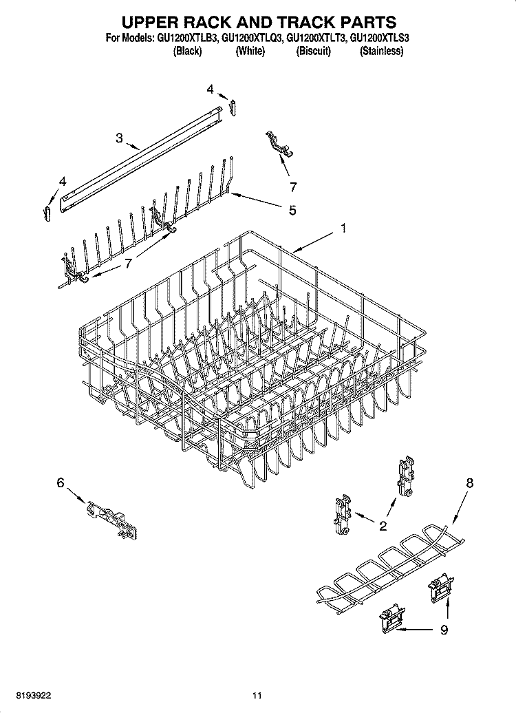 UPPER RACK AND TRACK PARTS Diagram and Parts List for  Whirlpool Dishwasher