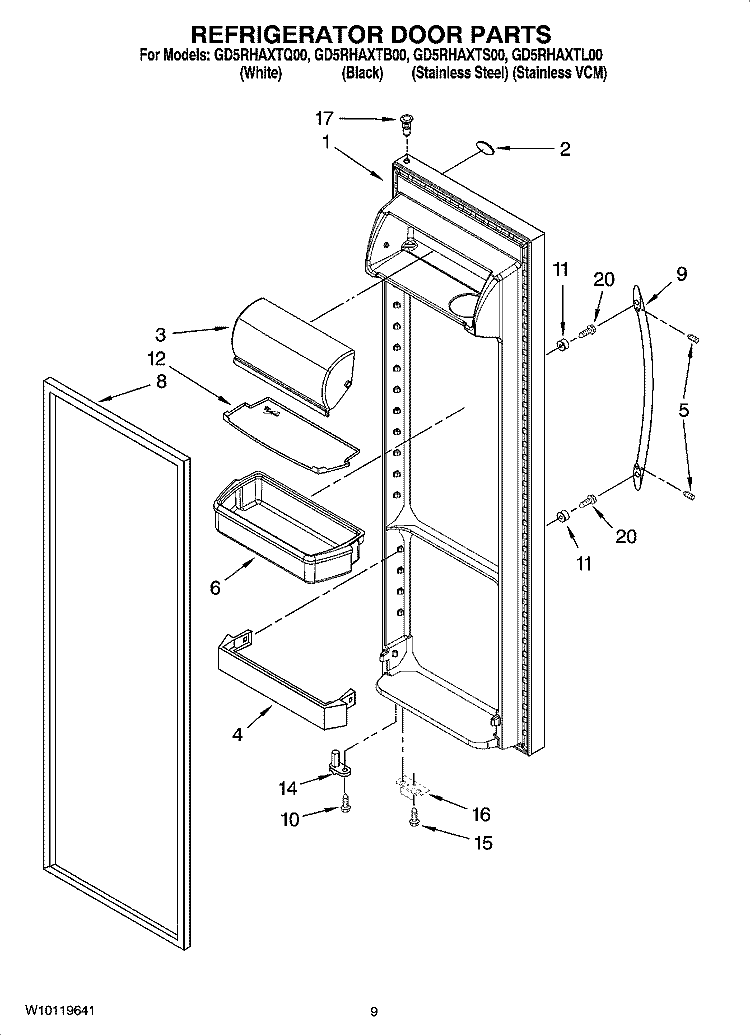 REFRIGERATOR DOOR PARTS Diagram and Parts List for GD5RHAXTQ00  Whirlpool Refrigerator