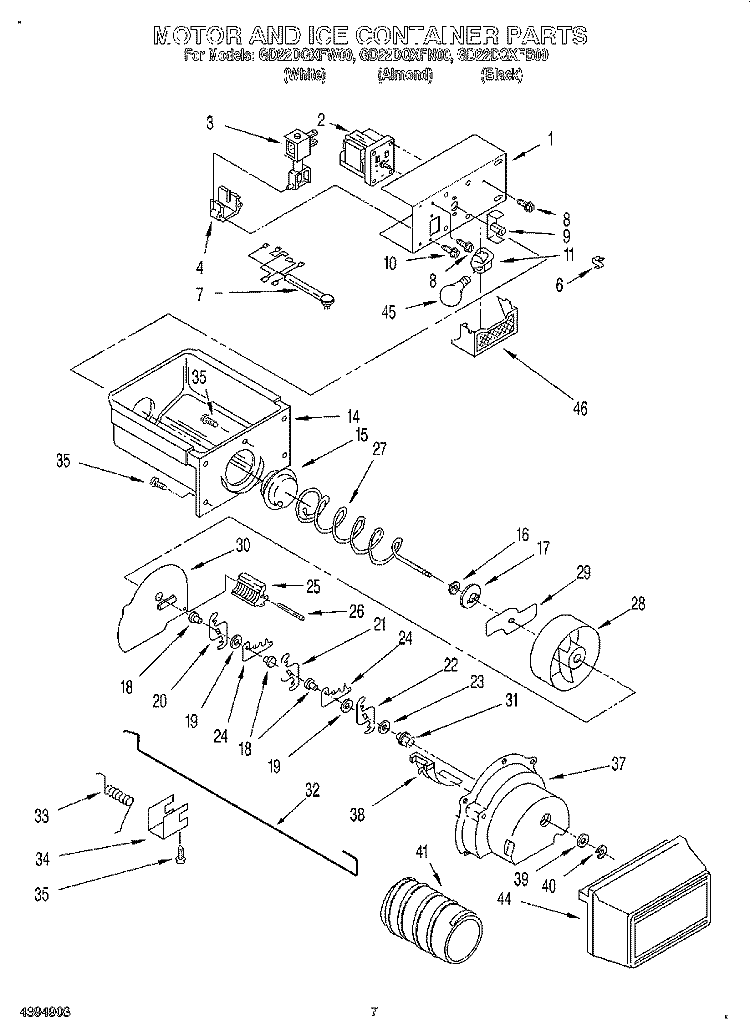 MOTOR AND ICE CONTAINER Diagram and Parts List for GD22DQXFB00  Whirlpool Refrigerator