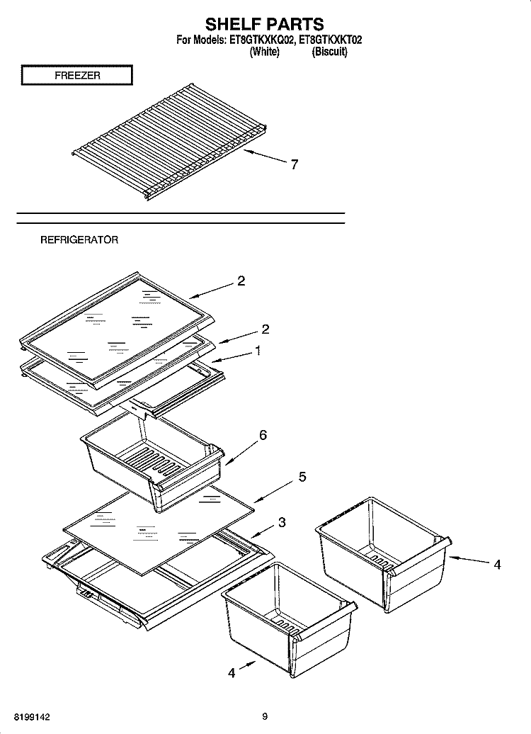 SHELF PARTS, OPTIONAL PARTS Diagram and Parts List for ET8GTKXKT02  Whirlpool Refrigerator