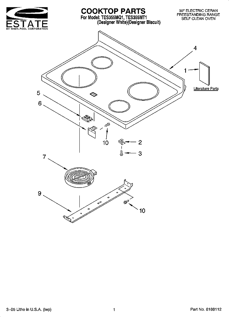 COOKTOP PARTS Diagram and Parts List for TES355MQ1  Estate Range