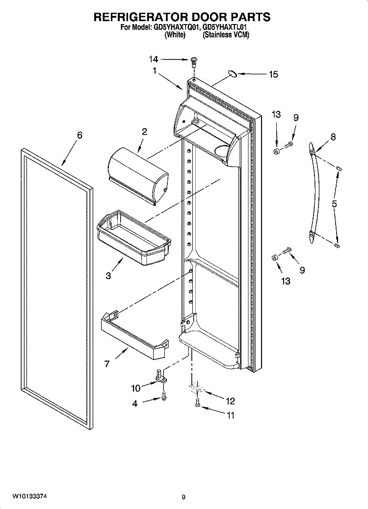REFRIGERATOR DOOR PARTS Diagram and Parts List for GD5YHAXTL01  Whirlpool Refrigerator