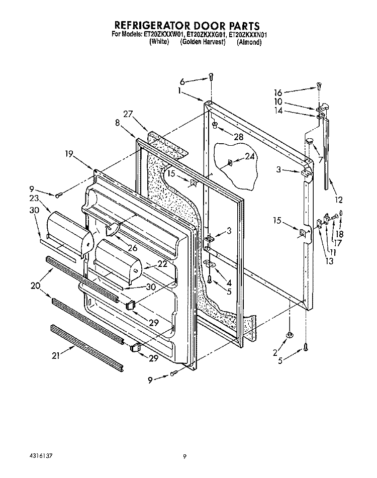 REFRIGERATOR DOOR, LIT/OPTIONAL Diagram and Parts List for ET20ZKXXG01  Whirlpool Refrigerator