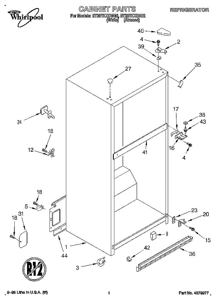CABINET Diagram and Parts List for ET20TKXDW02  Whirlpool Refrigerator
