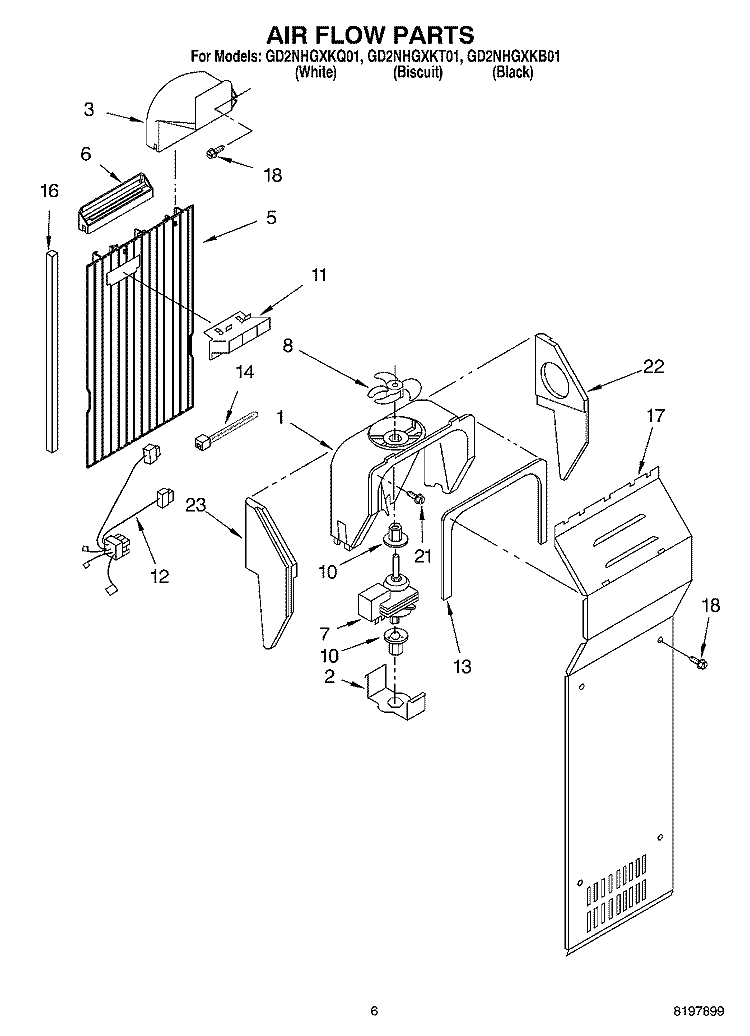 AIR FLOW Diagram and Parts List for GD2NHGXKB01  Whirlpool Refrigerator