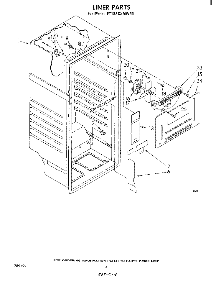 LINER Diagram and Parts List for ET18SCXMWR0  Whirlpool Refrigerator