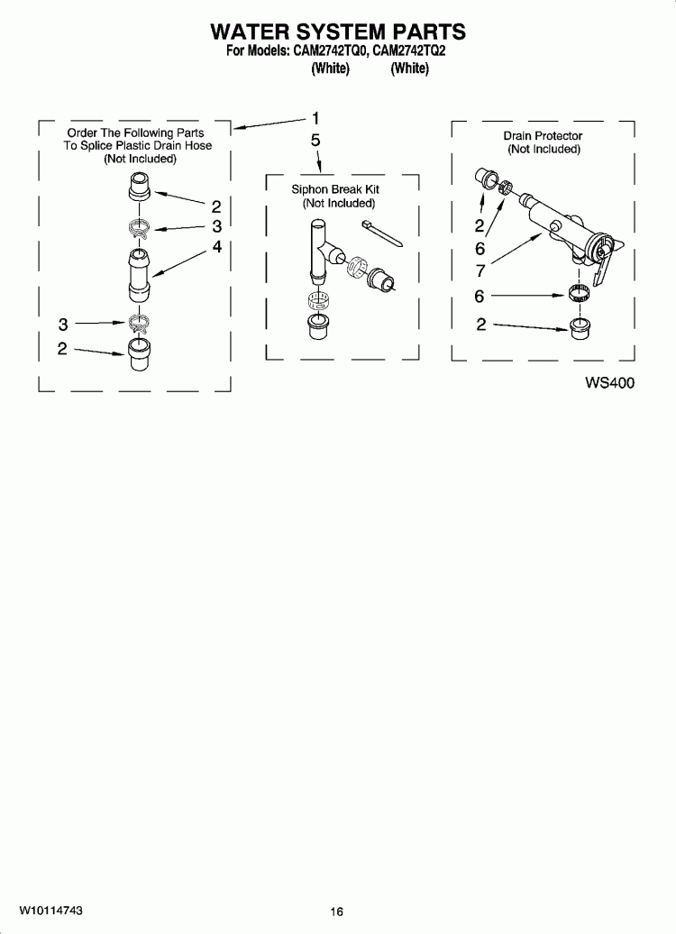 WATER SYSTEM PARTS, OPTIONAL PARTS (NOT INCLUDED) Diagram and Parts List for  Whirlpool Washer