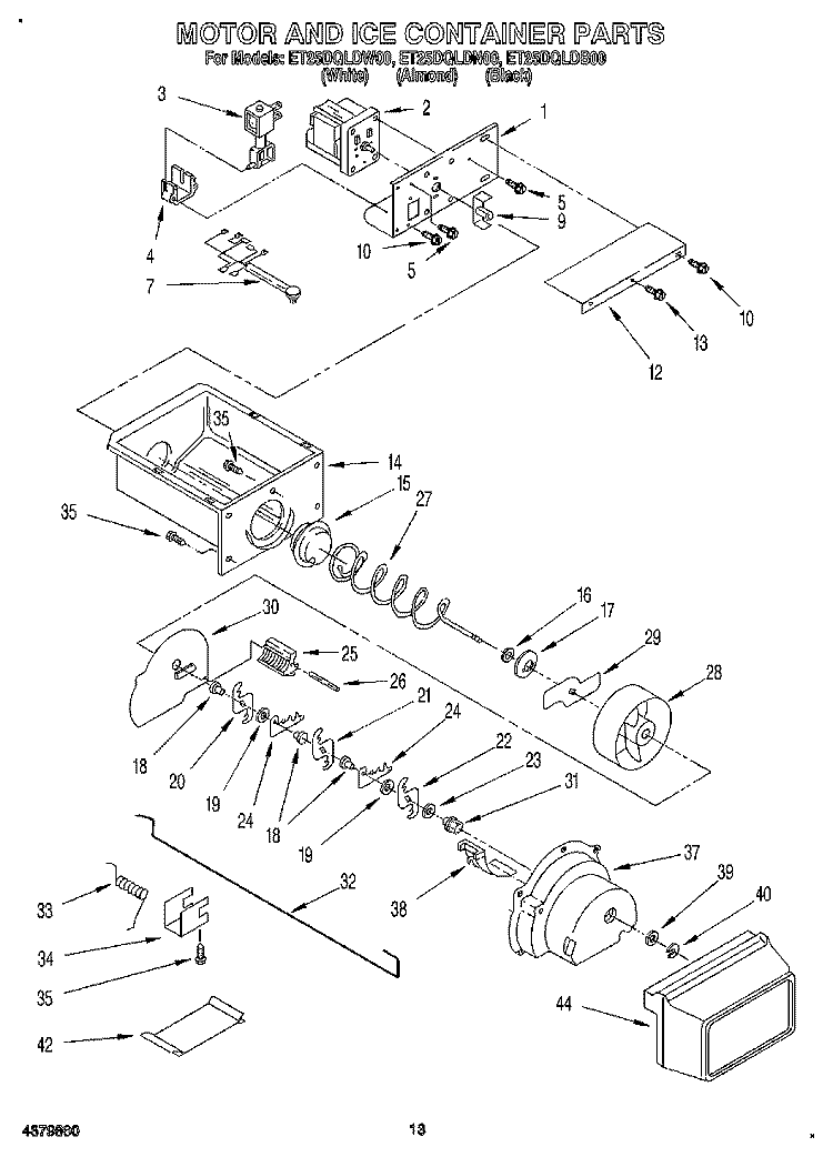 MOTOR AND ICE CONTAINER Diagram and Parts List for ET25DQLDB00  Whirlpool Refrigerator