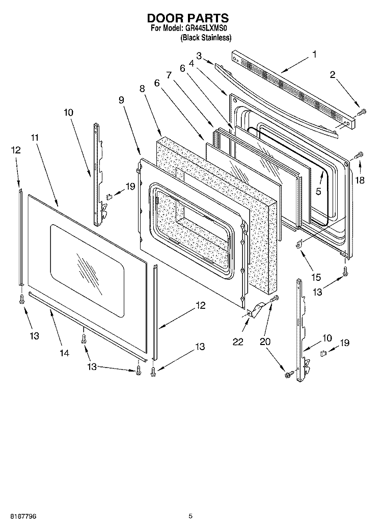 DOOR PARTS Diagram and Parts List for  Whirlpool Range