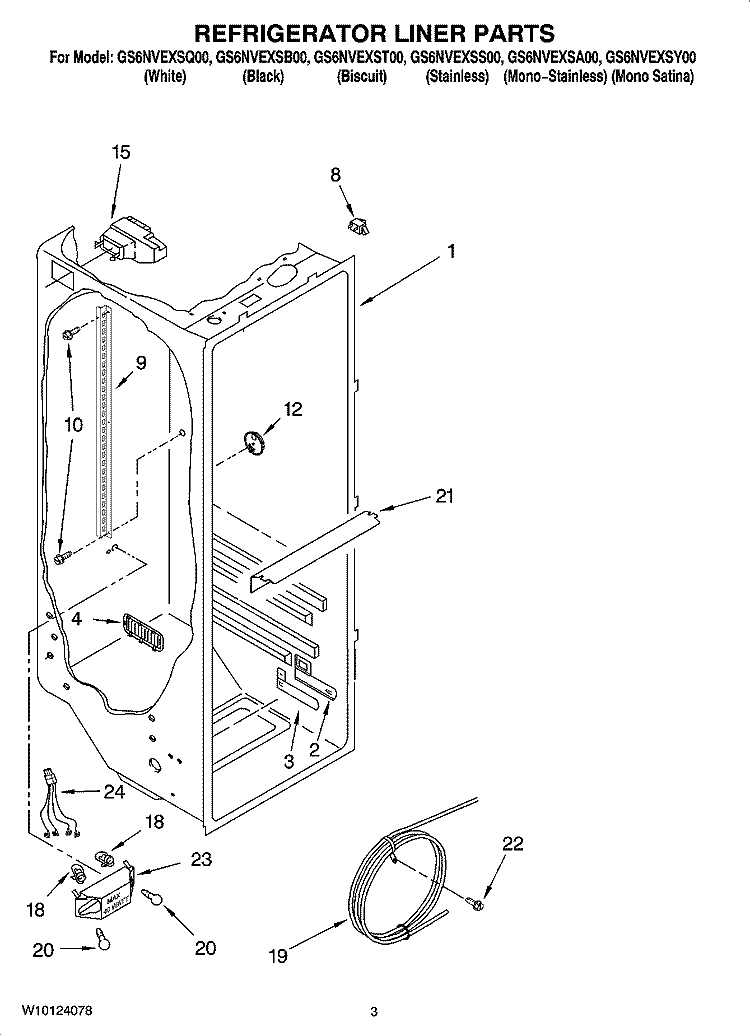 REFRIGERATOR LINER PARTS Diagram and Parts List for GS6NVEXSB00  Whirlpool Refrigerator