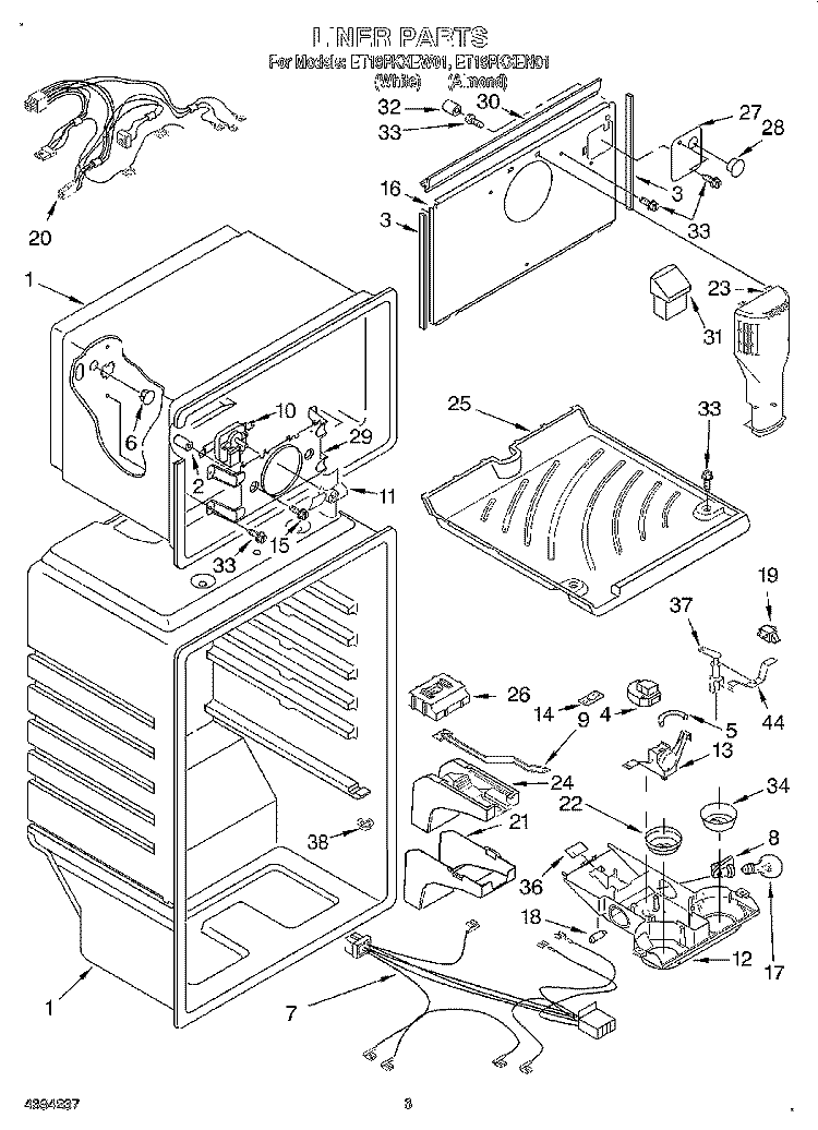 LINER Diagram and Parts List for ET19PKXEW01  Whirlpool Refrigerator