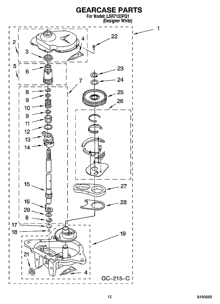 GEARCASE PARTS Diagram and Parts List for  Whirlpool Washer