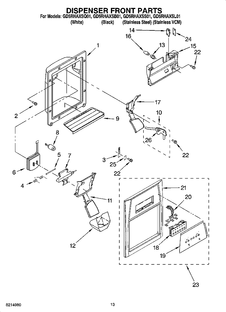 DISPENSER FRONT PARTS Diagram and Parts List for GD5RHAXSB01  Whirlpool Refrigerator