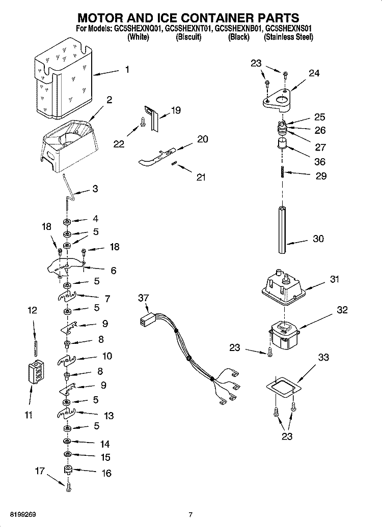 MOTOR AND ICE CONTAINER PARTS Diagram and Parts List for GC5SHEXNB01  Whirlpool Refrigerator