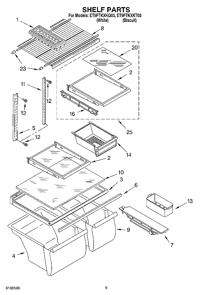 SHELF PARTS, OPTIONAL PARTS (NOT INCLUDED) Diagram and Parts List for ET9FTKXKT03  Whirlpool Refrigerator