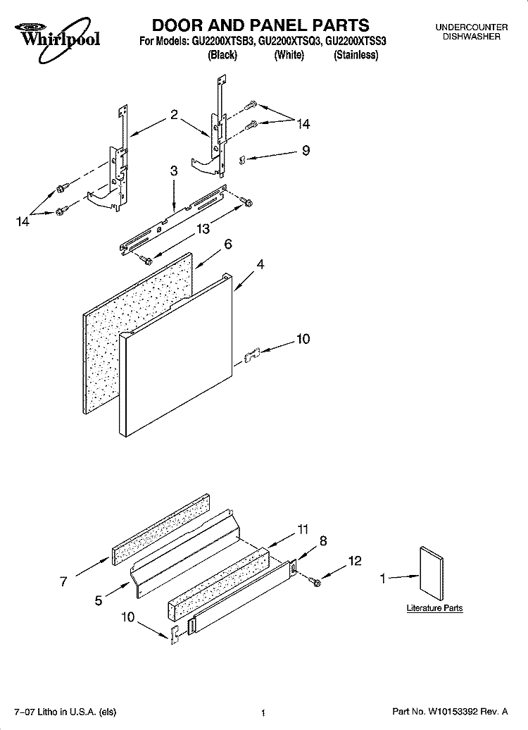 DOOR AND PANEL PARTS Diagram and Parts List for  Whirlpool Dishwasher
