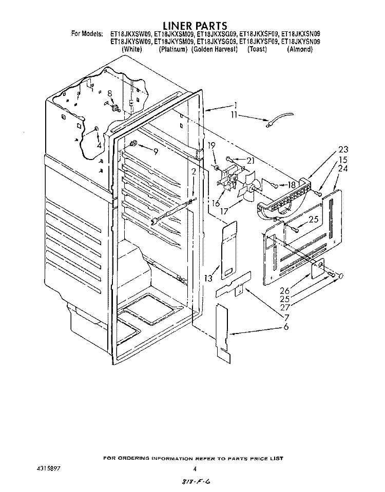 LINER Diagram and Parts List for ET18JKYSW09  Whirlpool Refrigerator