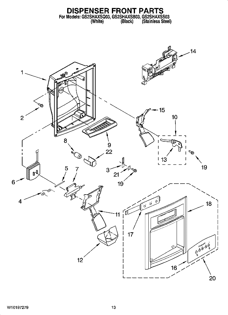 DISPENSER FRONT PARTS Diagram and Parts List for GS2SHAXSB03  Whirlpool Refrigerator