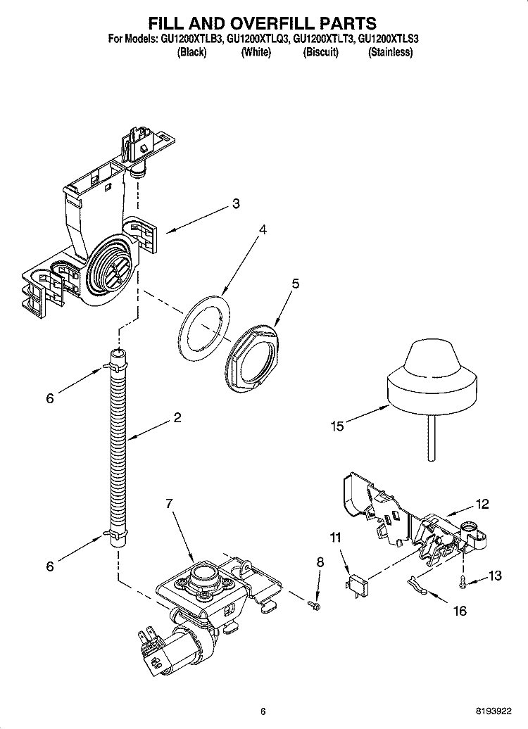 FILL AND OVERFILL PARTS Diagram and Parts List for  Whirlpool Dishwasher