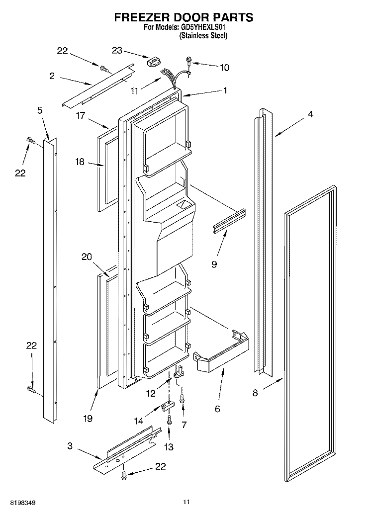 FREEZER DOOR PARTS Diagram and Parts List for GD5YHEXLS01  Whirlpool Refrigerator