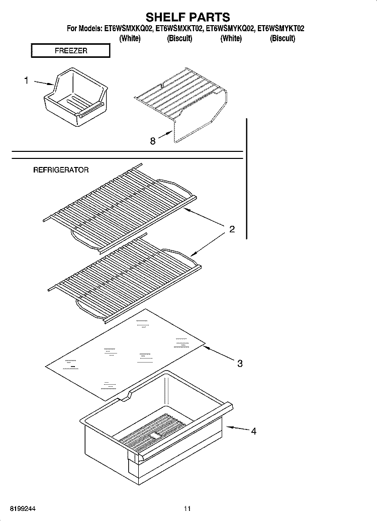 SHELF PARTS, OPTIONAL PARTS Diagram and Parts List for ET6WSMXKT02  Whirlpool Refrigerator