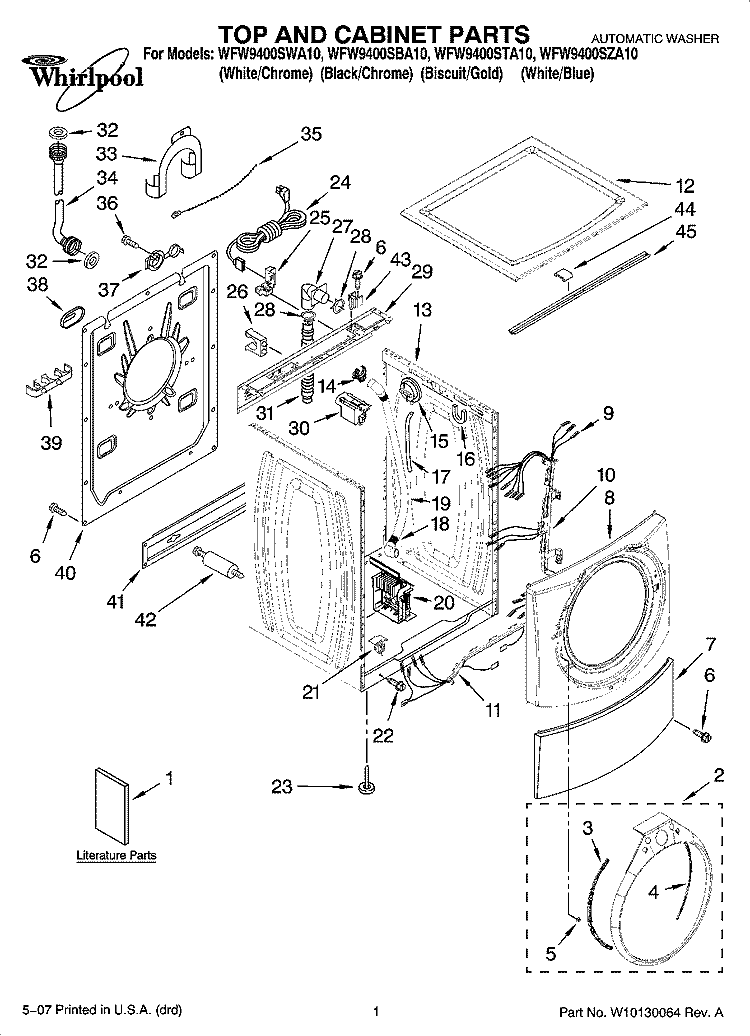 TOP AND CABINET PARTS Diagram and Parts List for  Whirlpool Washer