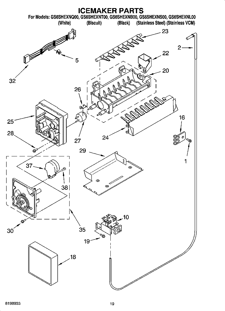 ICEMAKER PARTS, OPTIONAL PARTS Diagram and Parts List for GS6SHEXNB00  Whirlpool Refrigerator