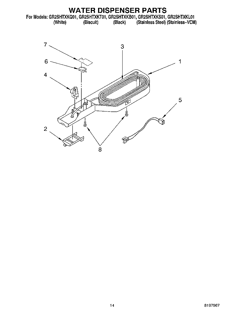 WATER DISPENSER, OPTIONAL Diagram and Parts List for GR2SHTXKB01  Whirlpool Refrigerator