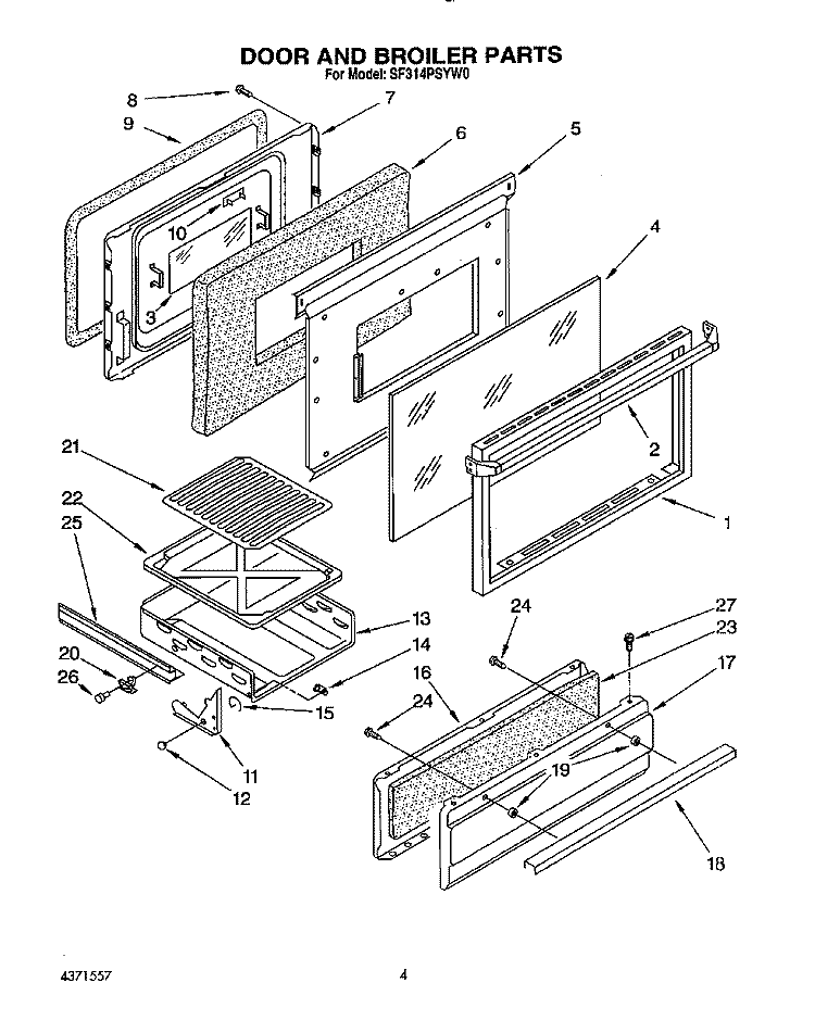 DOOR AND BROILER Diagram and Parts List for  Whirlpool Range
