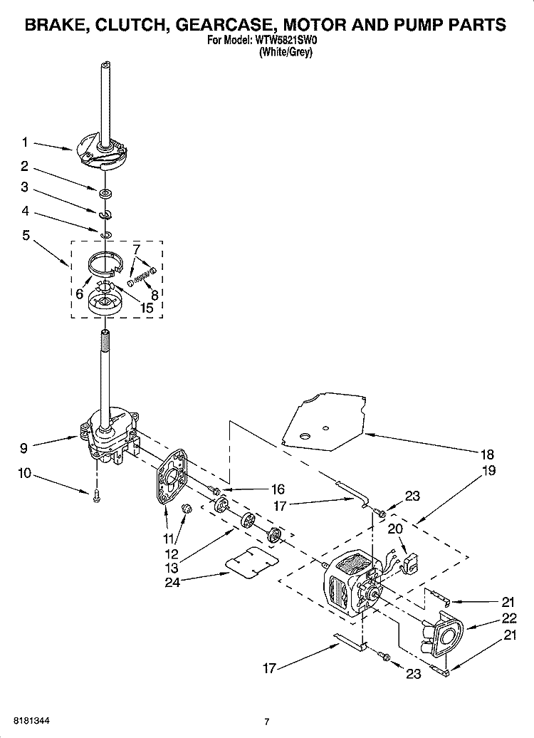 BRAKE, CLUTCH, GEARCASE, MOTOR AND PUMP PARTS Diagram and Parts List for  Whirlpool Washer