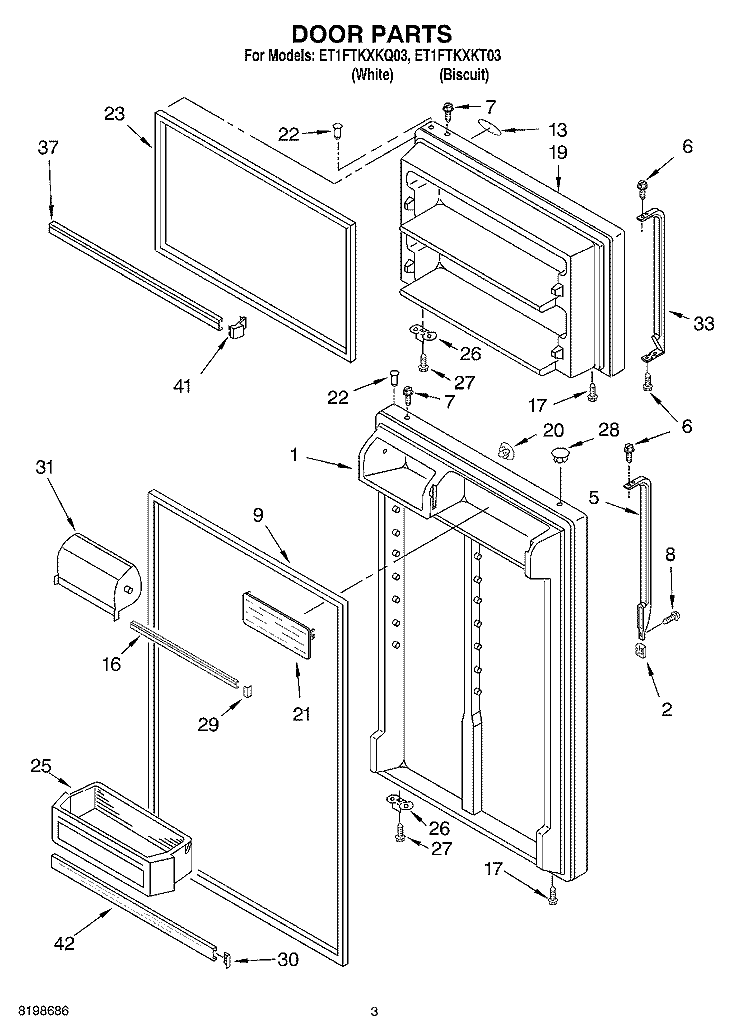 DOOR PARTS Diagram and Parts List for ET1FTKXKQ03  Whirlpool Refrigerator