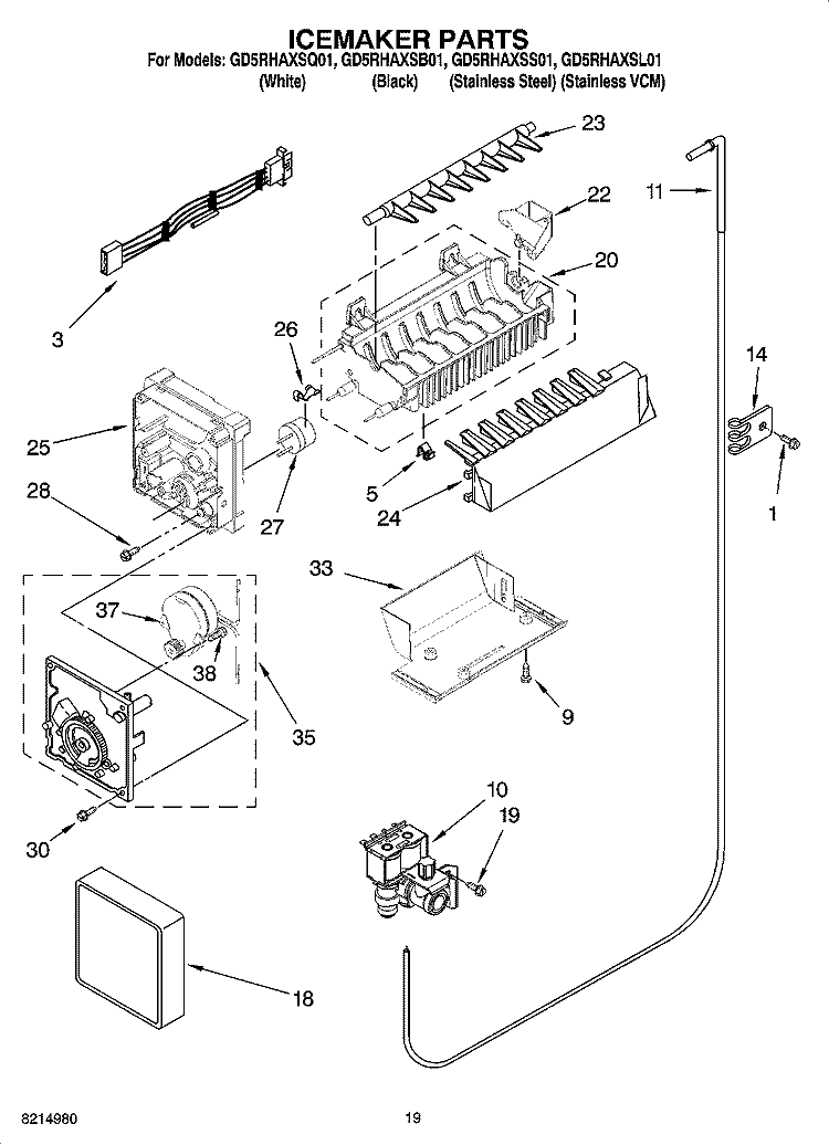 ICEMAKER PARTS, OPTIONAL PARTS (NOT INCLUDED) Diagram and Parts List for GD5RHAXSB01  Whirlpool Refrigerator