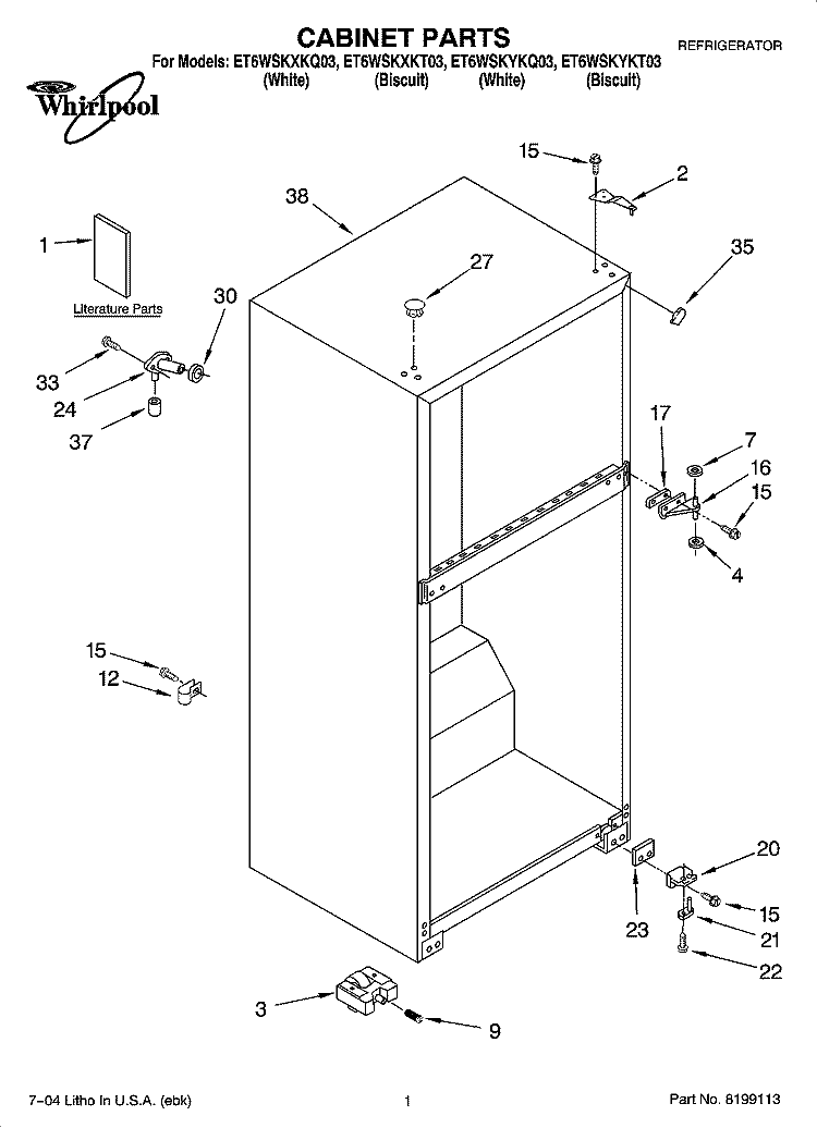CABINET PARTS Diagram and Parts List for ET6WSKYKQ03  Whirlpool Refrigerator