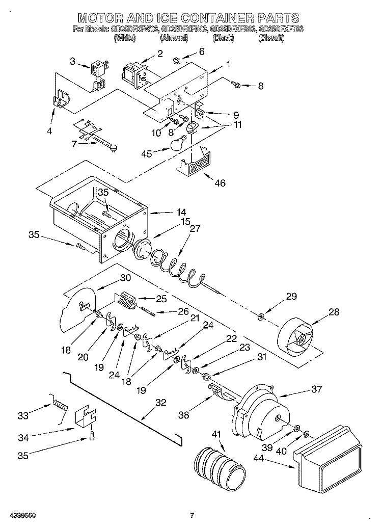 MOTOR AND ICE CONTAINER Diagram and Parts List for GD25DFXFB03  Whirlpool Refrigerator