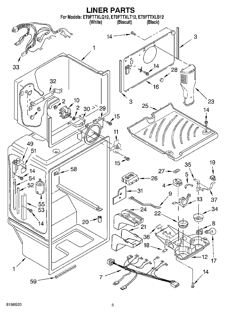 LINER PARTS Diagram and Parts List for ET9FTTXLQ12  Whirlpool Refrigerator