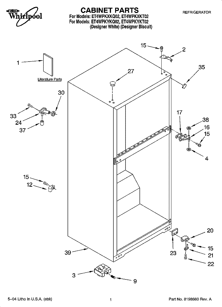 CABINET PARTS Diagram and Parts List for ET4WPKYKQ02  Whirlpool Refrigerator