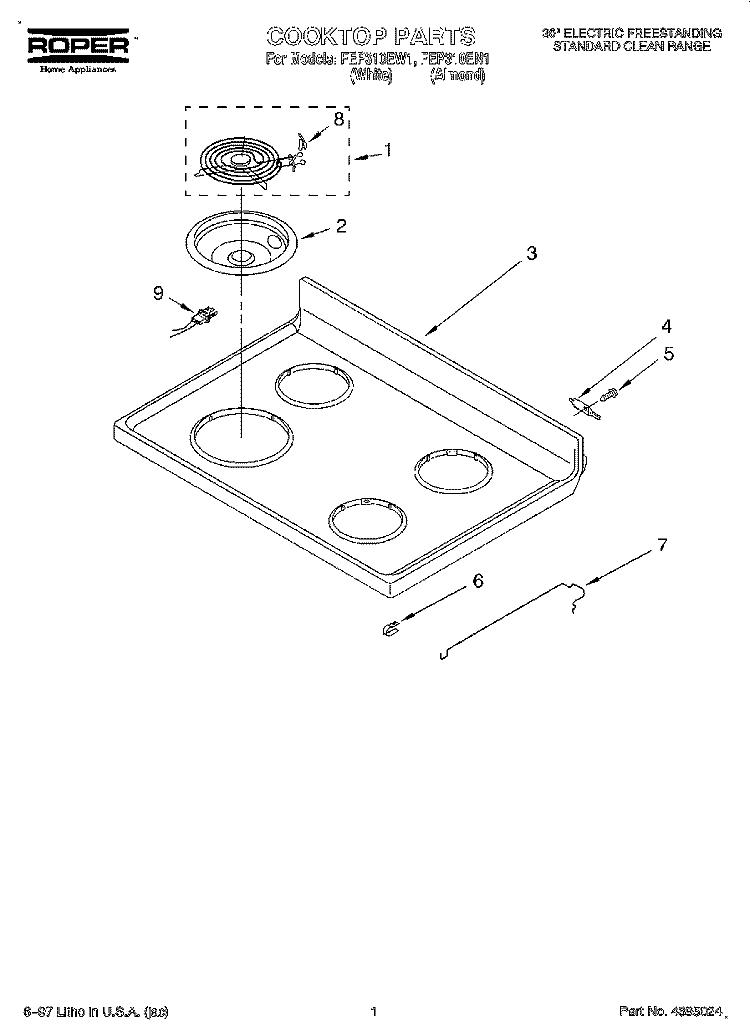 COOKTOP Diagram and Parts List for  Roper Range