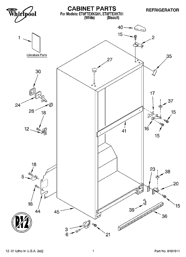 CABINET, LITERATURE Diagram and Parts List for ET8FTEXKQ01  Whirlpool Refrigerator