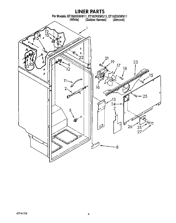 LINER Diagram and Parts List for ET18ZKXWG11  Whirlpool Refrigerator