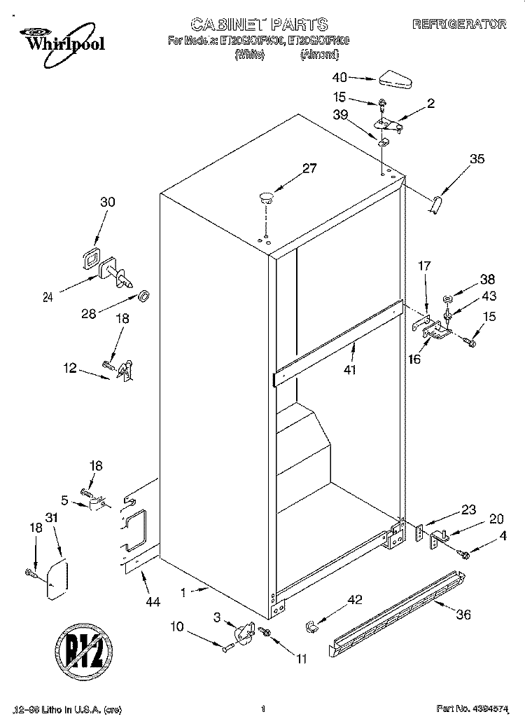 CABINET Diagram and Parts List for ET20GKXFN00  Whirlpool Refrigerator