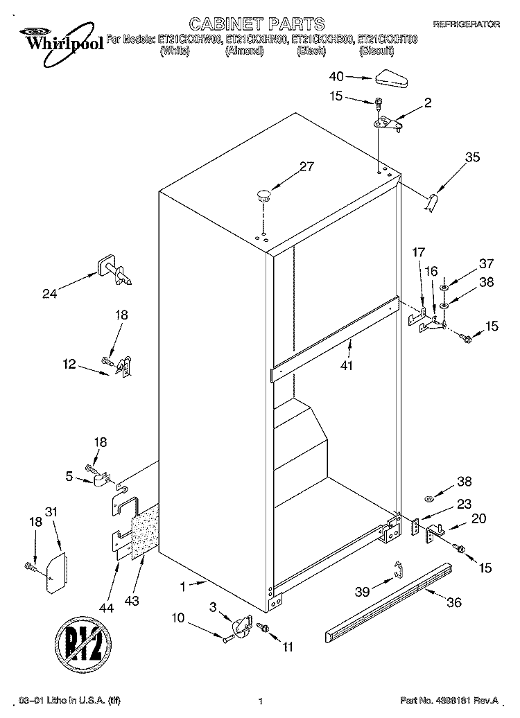 CABINET Diagram and Parts List for ET21CKXHB00  Whirlpool Refrigerator