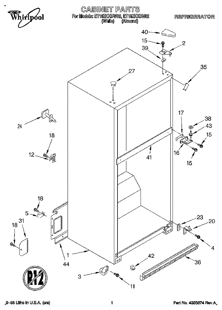 CABINET Diagram and Parts List for ET18ZKXDN02  Whirlpool Refrigerator