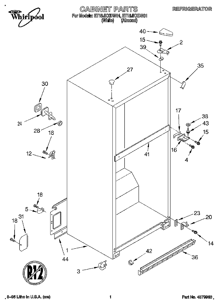 CABINET Diagram and Parts List for ET18JKXDN01  Whirlpool Refrigerator