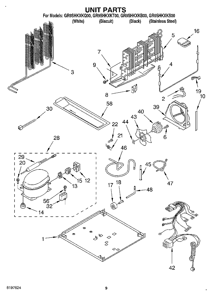 UNIT Diagram and Parts List for GR9SHKXKB00  Whirlpool Refrigerator