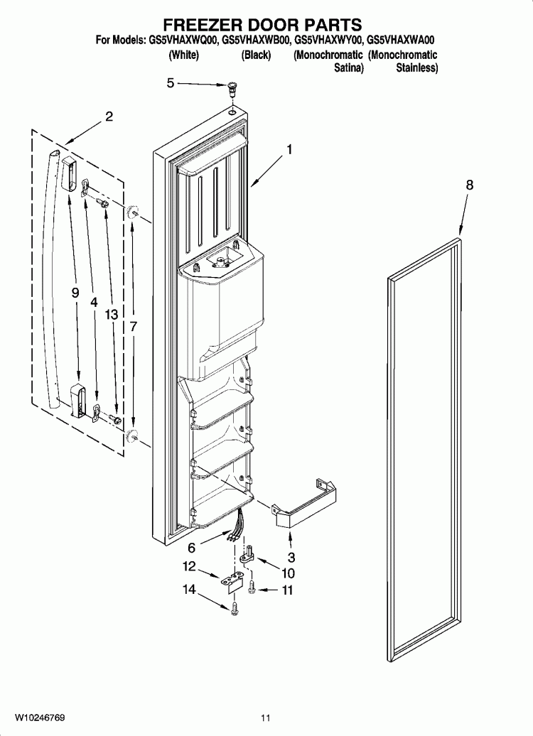 FREEZER DOOR PARTS Diagram and Parts List for GS5VHAXWA00  Whirlpool Refrigerator