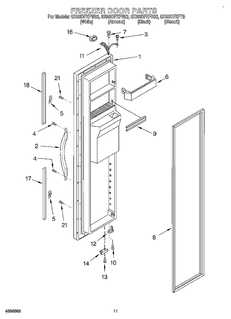 FREEZER DOOR Diagram and Parts List for GD22DFXFB03  Whirlpool Refrigerator