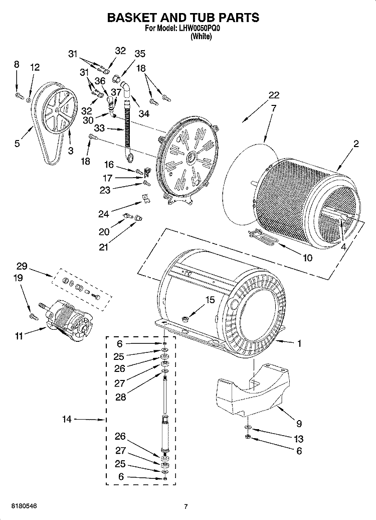 BASKET AND TUB PARTS Diagram and Parts List for  Whirlpool Washer