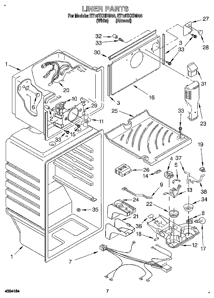 LINER Diagram and Parts List for ET18TKXDN05  Whirlpool Refrigerator