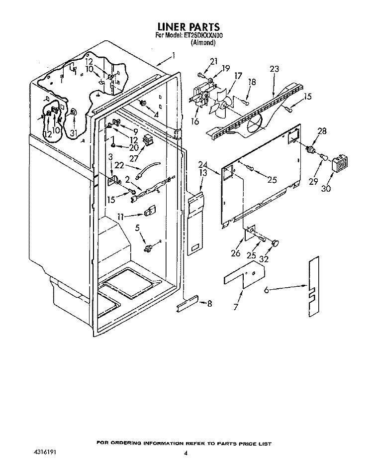 LINER Diagram and Parts List for ET25DKXXN00  Whirlpool Refrigerator